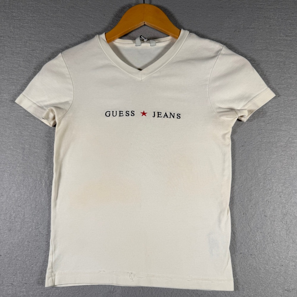 Vintage Guess‎ Jeans V-Neck Baby Tee Cream Embroidered Star Logo SM